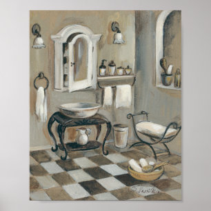 Black and White Tiled Fransk Bathroom Poster
