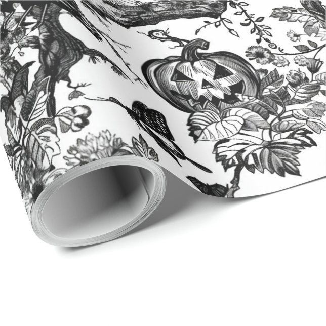 Black and White Toile Halloween Presentpapper (Rullad Hörn)