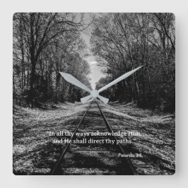 Black and White Train Track Proverbs Scripture Fyrkantig Klocka