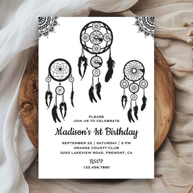 Black and White Tribal Boho Dream Catcher födelsed Inbjudningar (Skapare uppladdad)