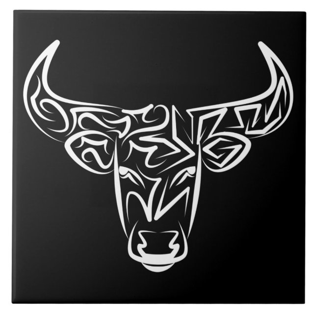 Black and White Tribal Bull / Ox Kakelplatta (Framsidan)