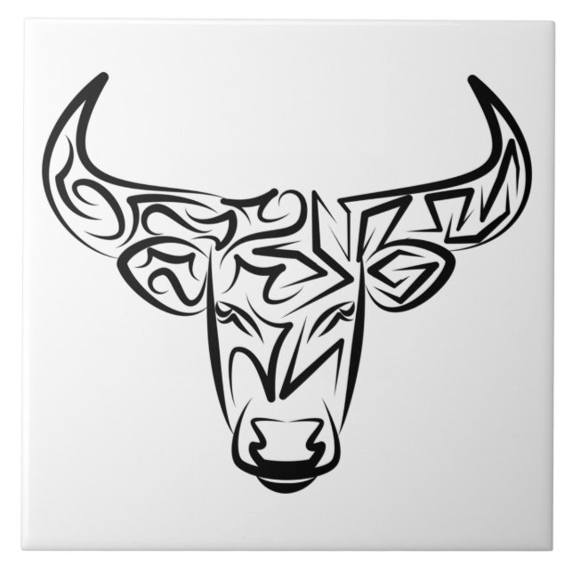Black and White Tribal Bull / Ox Kakelplatta (Framsidan)