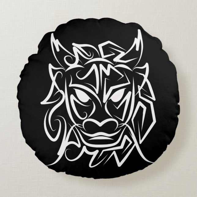 Black and White Tribal Dragon Rund Kudde (Framsidan)