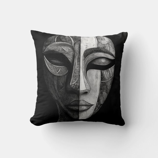 Black and White Tribal Inspired Abstrakt Ansikte T Kudde (Framsida)