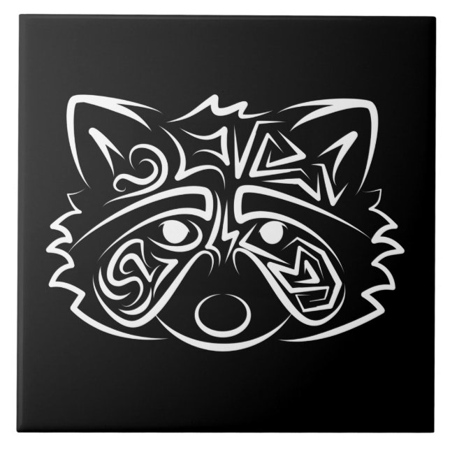 Black and White Tribal Raccoon Kakelplatta (Framsidan)