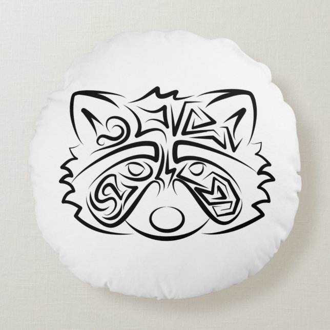 Black and White Tribal Raccoon Rund Kudde (Framsidan)