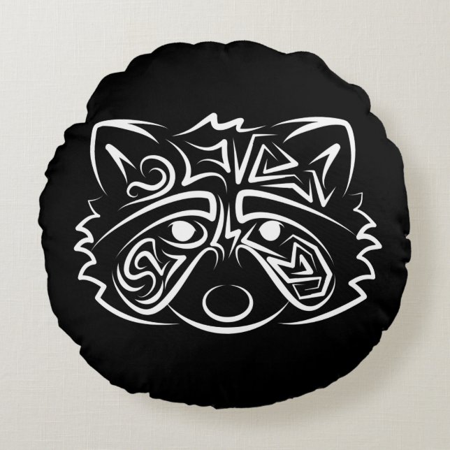 Black and White Tribal Raccoon Rund Kudde (Framsidan)