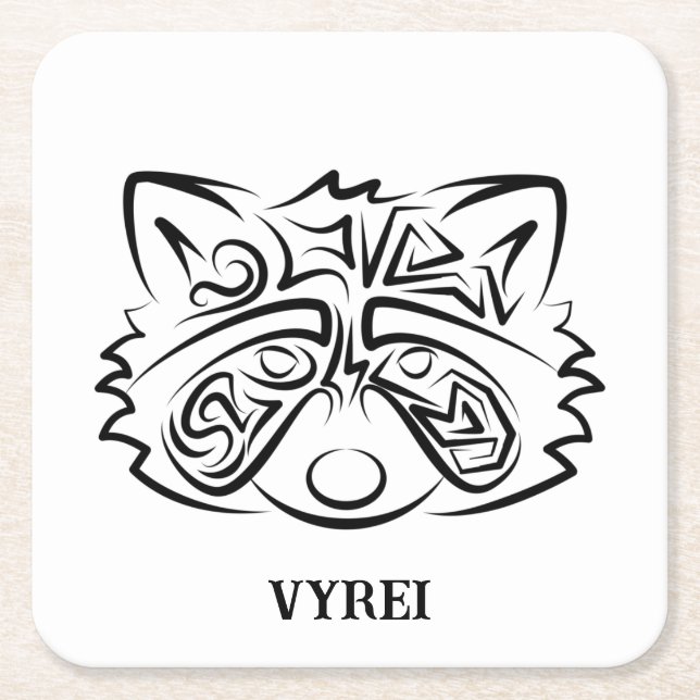 Black and White Tribal Raccoon Underlägg Papper Kvadrat (Framsidan)