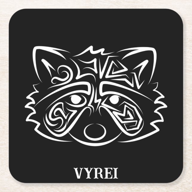Black and White Tribal Raccoon Underlägg Papper Kvadrat (Framsidan)