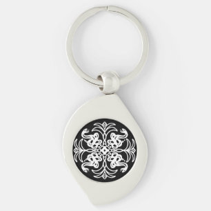 Black and White Tribal Rattlesnake Mandala Swirl Silverfärgad Nyckelring