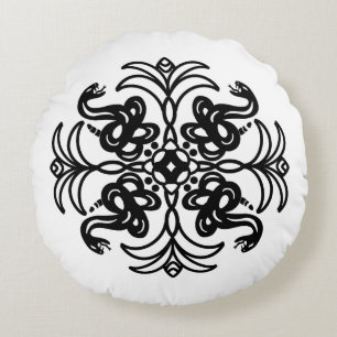 Black and White Tribal Snake Mandala Rund Kudde