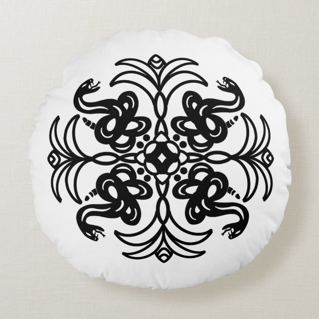 Black and White Tribal Snake Mandala Rund Kudde (Framsidan)