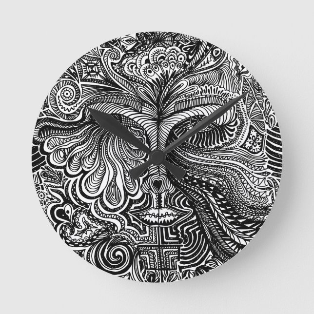 Black and White Trippy Line Porträtt Clock Rund Klocka (Framsida)