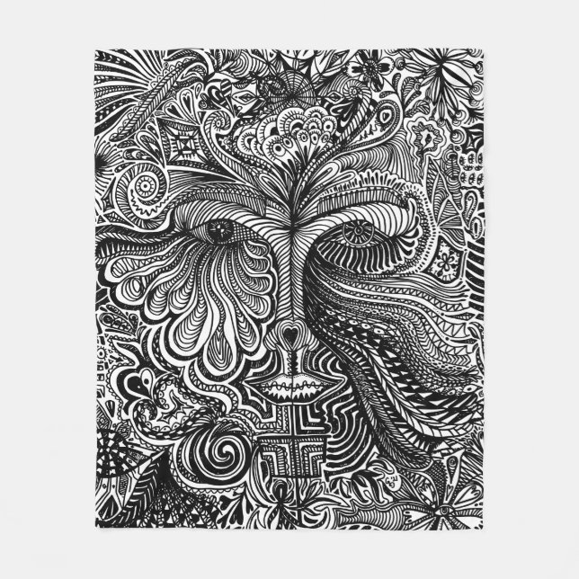 Black and White Trippy Line Porträtt Fleecefilt (Framsidan)