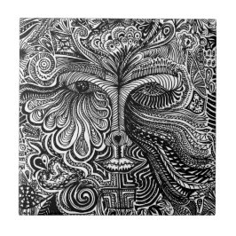 Black and White Trippy Line Porträtt Kakelplatta