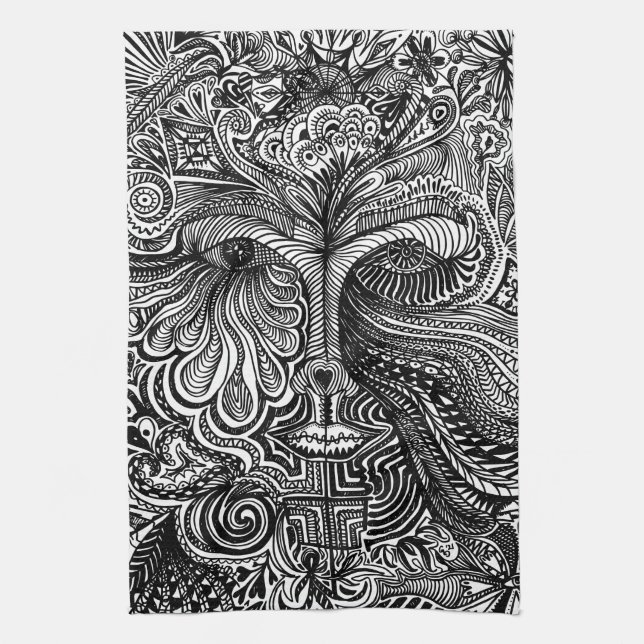 Black and White Trippy Line Porträtt Kökshandduk (Vertikal)