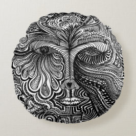 Black and White Trippy Line Porträtt Rund Kudde