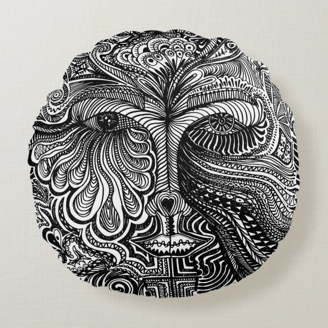 Black and White Trippy Line Porträtt Rund Kudde (Framsidan)