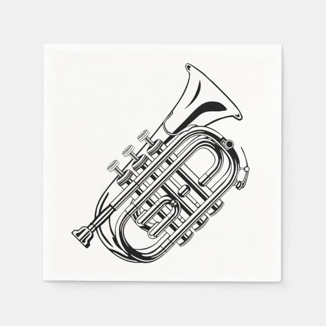 Black and White Trumpet Sketch Musical Instrument Pappersservett (Framsidan)