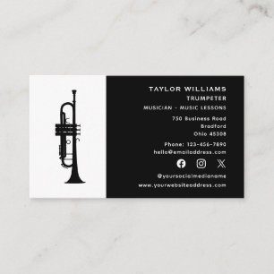 Black and White Trumpeter Trumpet Music Teacher Visitkort