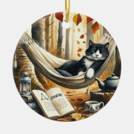 Black and White Tuxedo Cat Dreaming of Äventyr Julgransprydnad Keramik