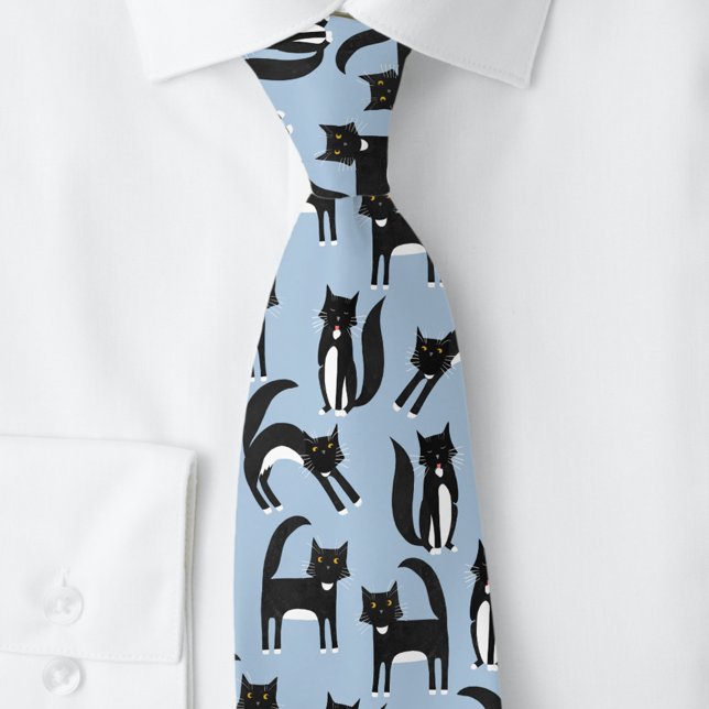 Black and White Tuxedo Cats Blue Slips (Black and white tuxedo bicolor cat pattern neck tie on a light sky blue background)