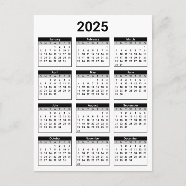 Black and White USA 2025 års kalender Vykort (Framsida)