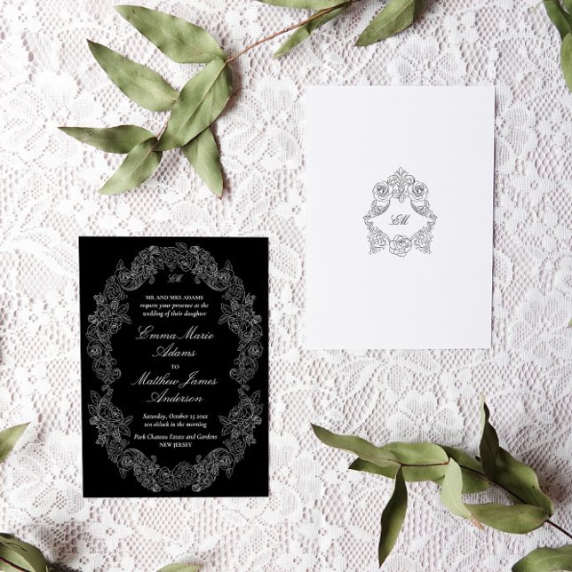 Black and White Victorian Antique Classic Bröllop Inbjudningar (black and white gothic wedding invitation with victorian rococo botanical frames and monogram crests)