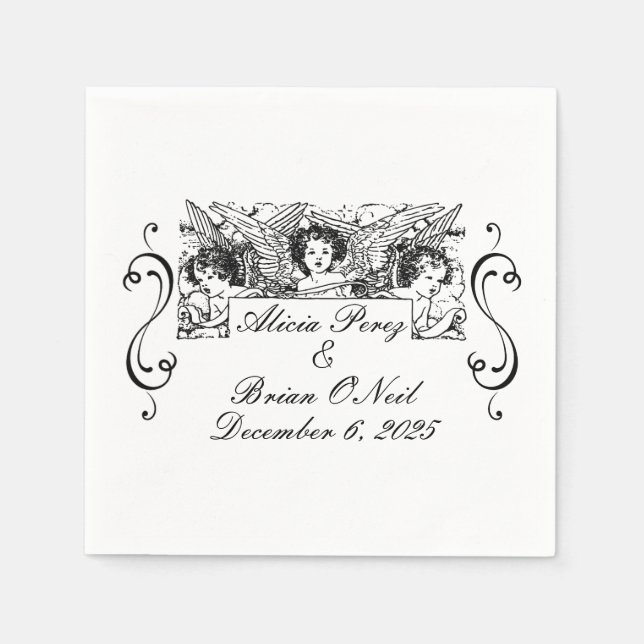 Black and White Victorian Cherubs Bröllop Cocktail Pappersservett (Framsidan)