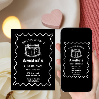 Black and white Wavy Birthday hand drawn cake Inbjudningar