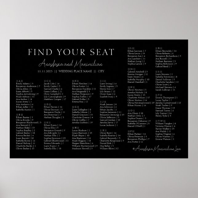 Black and White Wedding Alphabetical Seating Chart Poster (Framsidan)