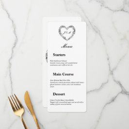 Black and white wedding menu with floral heart meny