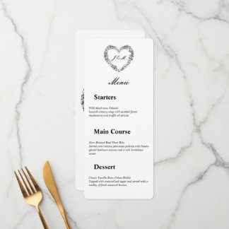 Black and white wedding menu with floral heart meny