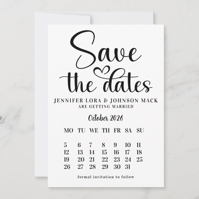 black and white wedding save the dates Calendar  Spara Datumet (Framsida)