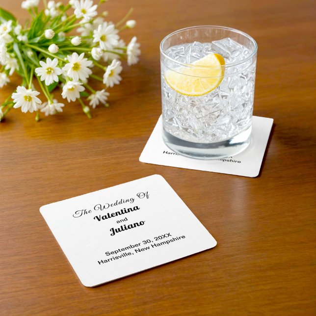 Black and White Wedding Square Coaster Underlägg Papper Kvadrat (Typography style black and white square wedding coaster)