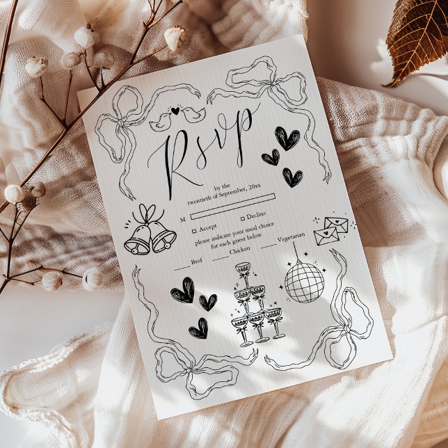 Black and White Whimsical Retro Doodle Art Bröllop OSA Kort (Skapare uppladdad)