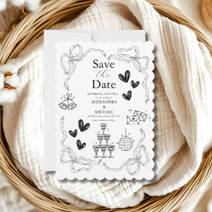 Black and White Whimsical Retro Doodle Art Bröllop Spara Datumet