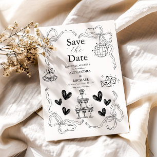Black and White Whimsical Retro Doodle Art Bröllop Spara Datumet