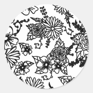 Black and White WildblommRound Sticker Runt Klistermärke