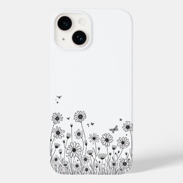 Black and White Wildflower iPhone 14 Cases (Baksida)