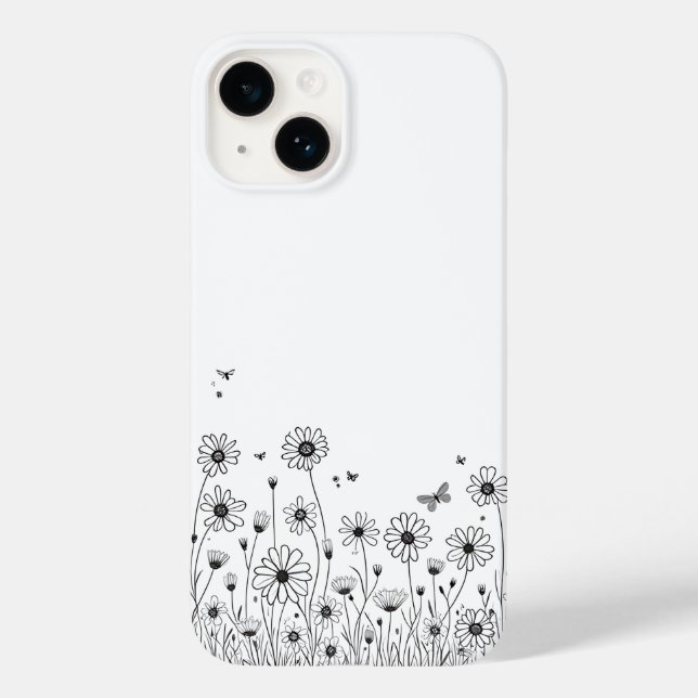 Black and White Wildflower iPhone 14 Cases (Baksida)