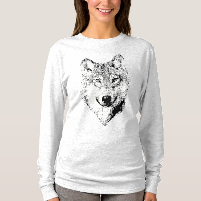 Black and White Wolf Drawing  T Shirt (Framsida)