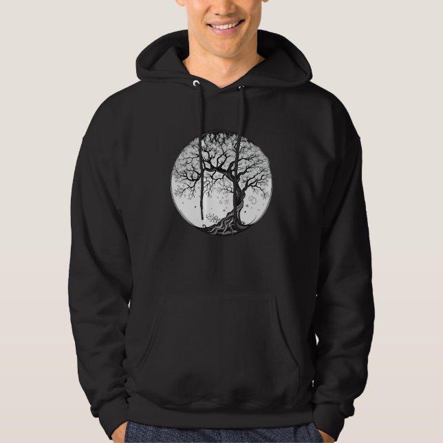 black and white Yggdrasil cherry blossom tree of l Hoodie (Framsida)