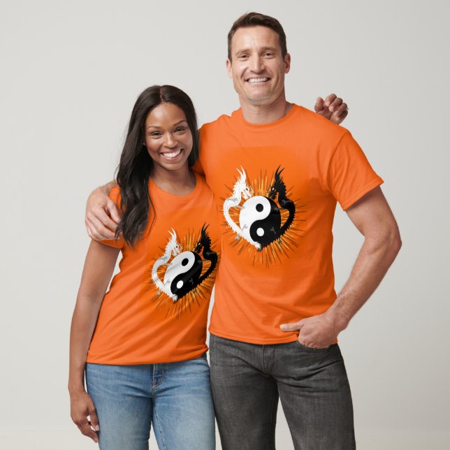 Black and White Yin Yang Dragons - Orange T Shirt (Unisex)