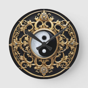 Black and White Yin Yang Symbol Rund Klocka