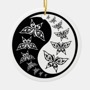 Black and White Yin Yang Tao Butterflies Julgransprydnad Keramik