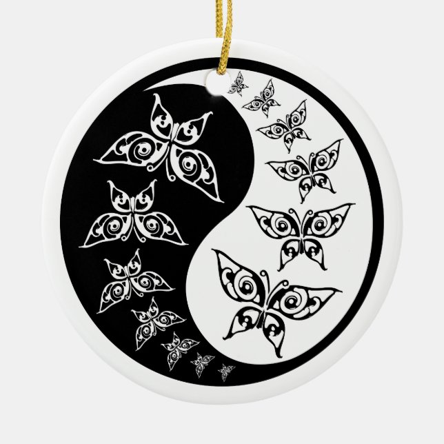 Black and White Yin Yang Tao Butterflies Julgransprydnad Keramik (Framsidan)