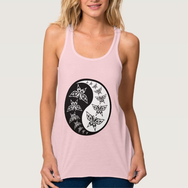 Black and White Yin Yang Tao Butterflies Linne Med Racerback (Framsida)