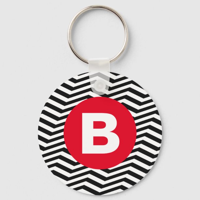 Black and White Zig Zag Pattern Red Monogram Nyckelring (Framsida)
