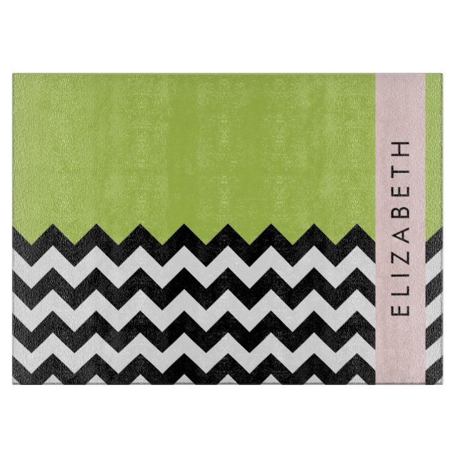 Black and White Zigzag, Chevron, Grönt, ditt namn (Framsidan)
